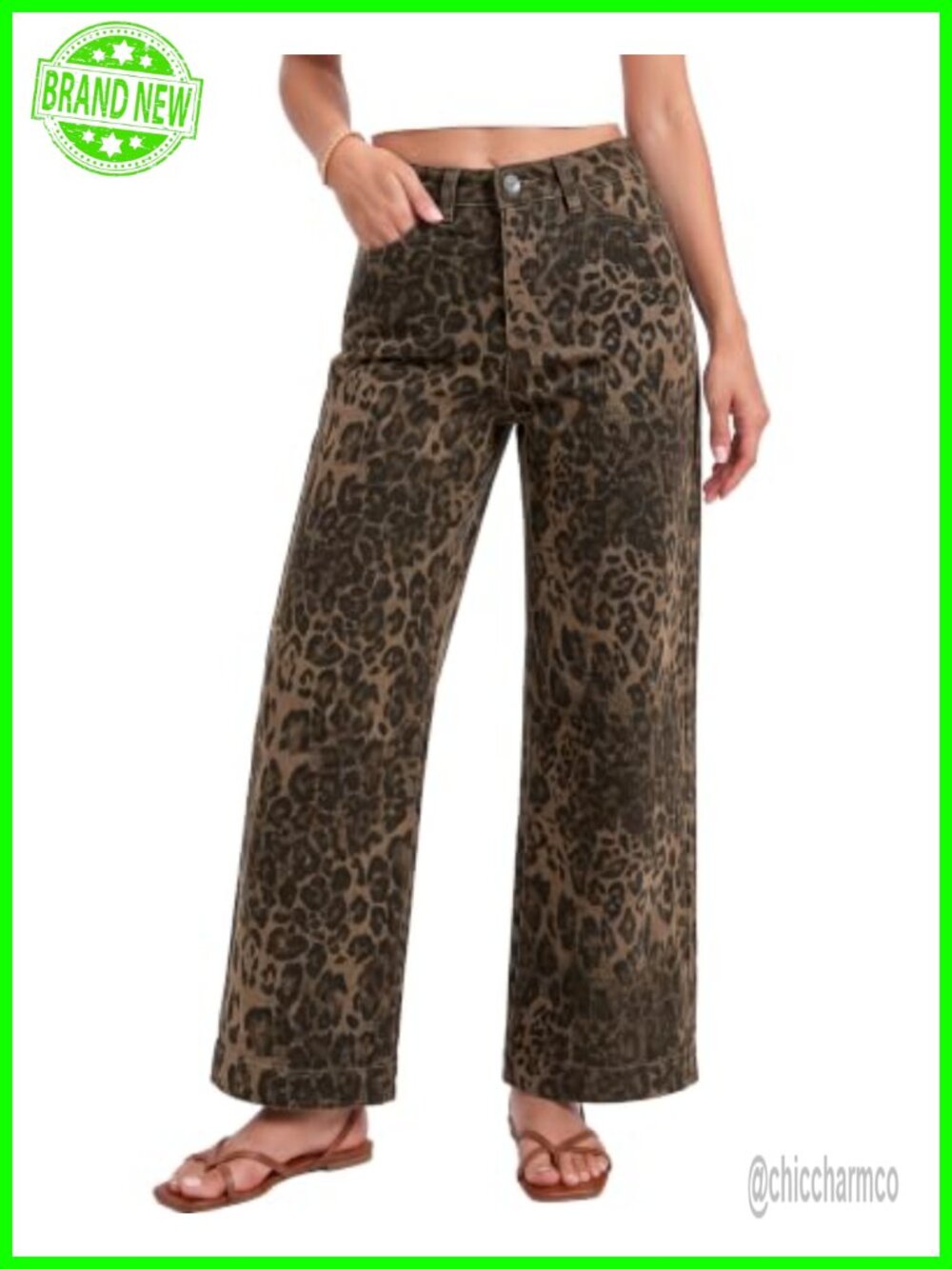 High Rise Wide Leg Ankle Jeans Stretchy Denim Leopard Print Pants